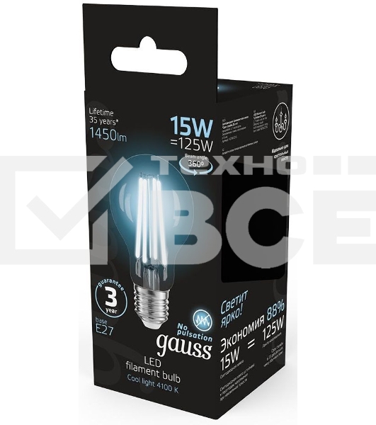 Лампа cветодиодная Gauss Filament А60 15W 1450lm 4100К Е27 LED 1/10/40