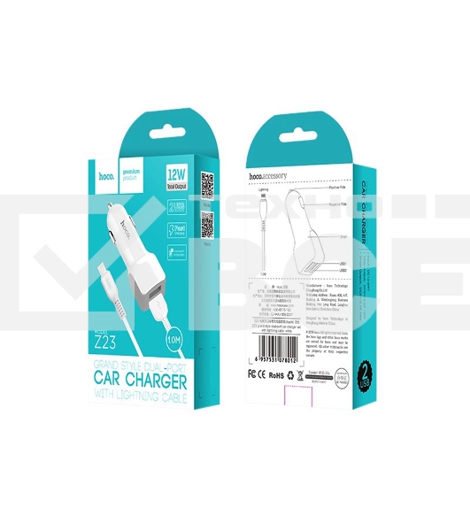 Автомобильное зарядное устройство HOCO z23 grand style dual-port car charger set with lightning cable, белый