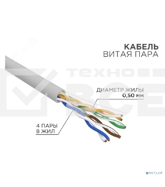 Кабель витая пара Rexant U/UTP, cat.5e, ZH нг(А)-HF, 4PR, 24AWG, INDOOR, SOLID, серый, 305м