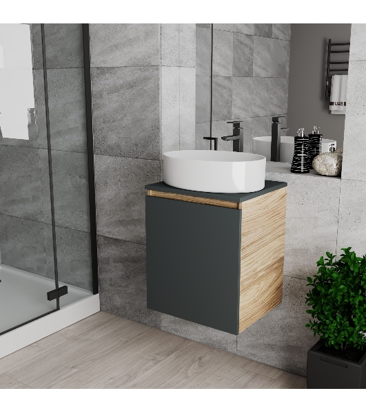 Тумба Bau Dream Blackwood 50 графит, раковина BAU Nimb 50х36, смеситель для раковины высокий Hotel Black, черный