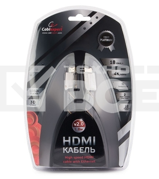 Кабель Cablexpert HDMI серия Platinum, 1,8 м, v2.0, M/M, плоский, позол.разъемы, металлический корпус, нейлоновая оплетка, блистер