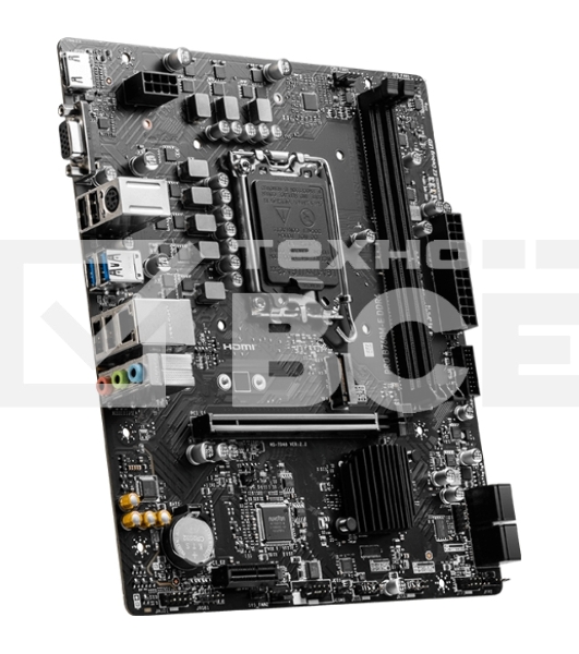Материнская плата MSI PRO B760M-E DDR4, LGA 1700, Intel B760, 2xDDR4, 4xSATA, 1xM.2, 1xPCIe 4.0 x16, 1xPCIe 4.0 x1, 1xHDMI, 1xVGA, 1x1Gb LAN, 2xUSB-A 3.2 Gen 1, 4xUSB-A 2.0, 3x3.5 мм, 7.1, mATX