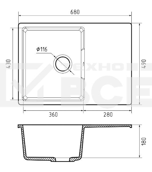 Мойка URBAN 668L black 1-чаша+крыло 680*490мм, монтаж: врезной, материал: кварц, цвет: черный