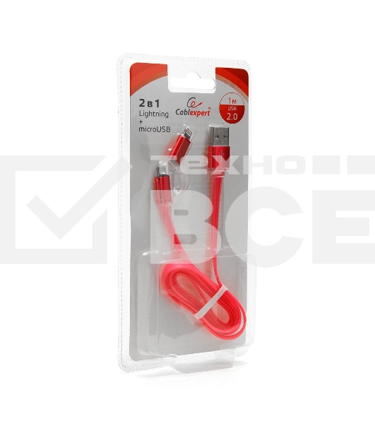 Кабель USB 2.0 Cablexpert CC-mAPUSB2pk1m, AM/microBM 5P - iPhone lightning, 1м, комбо кабель, алюминиевые разъемы, розовый, блистер
