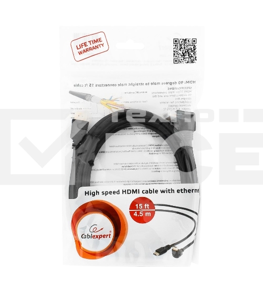 Кабель Cablexpert HDMI CC-HDMI490-15, 19M/19M, v2.0, медь, позол.разъемы, экран, угловой, 4.5м, черный, пакет