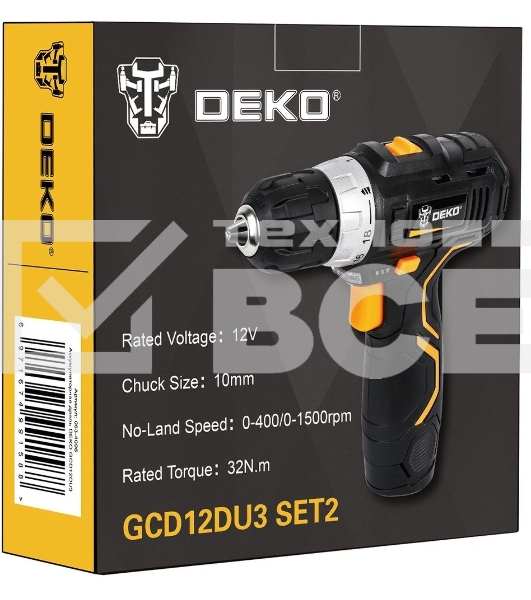 Дрель-шуруповерт Deko GCD12DU3 SET2 FU-Li-Ion 063-4146, Аккумуляторная, 12В, Кейс