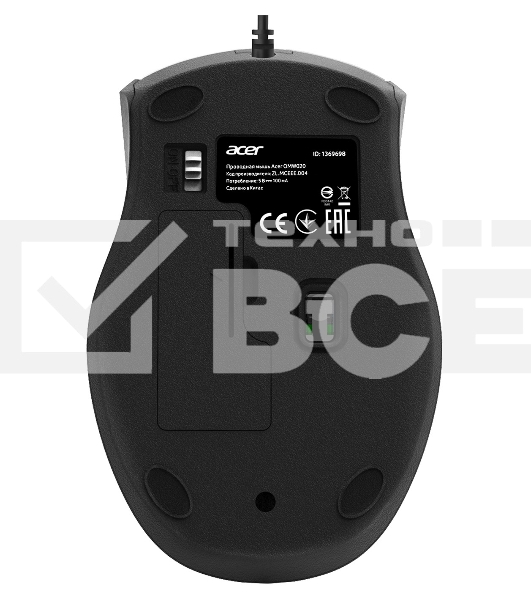 Мышь проводная Acer OMW020 черный, 1600 dpi, USB, кнопки - 4