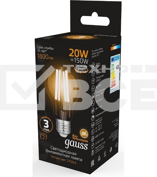 Лампа Gauss Filament А60 20W 1800lm 2700К Е27 LED 1/10/40