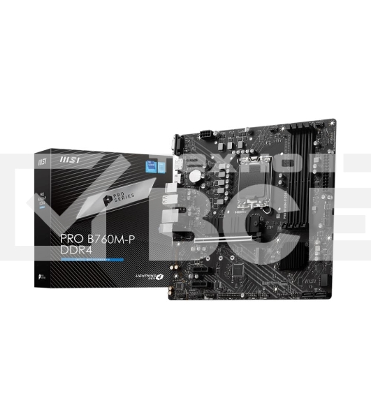 Материнская плата MSI PRO B760M-P DDR4, LGA 1700, Intel B760, 4xDDR4, 4xSATA, 2xM.2, 1xPCIe 4.0 x16, 2xPCIe 3.0 x1, 1xHDMI, 1xDP, 1xVGA, 1x1Gb LAN, 4xUSB-A 2.0, 1xUSB-A 3.2 Gen 1, 1xUSB-C 3.2 Gen 2, 3x3.5 мм, 7.1, mATX