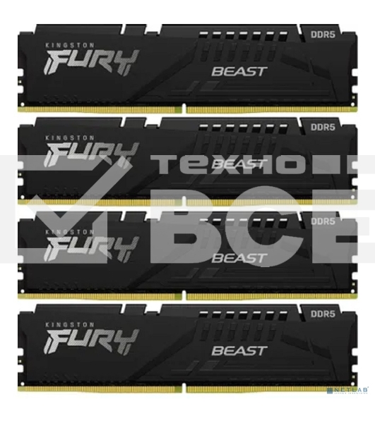 Оперативная память Kingston Fury Beast, DDR5, 64GB (4x16GB), 5200MHz, CL40, с радиаторами, черный