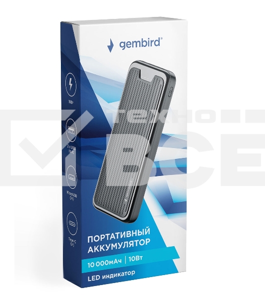 Портативный аккумулятор Gembird GPB-10, 10000мА·ч, 2A, черный