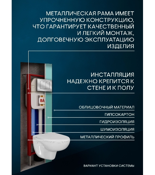Комплект BAU 6 в 1: рамная инсталляция, унитаз подвесной безободковый Bau Novo, быстросъемное сиденье микролифт, кнопка смыва BAU Stil , хром