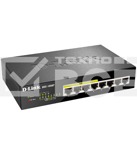 Коммутатор Unmanaged Switch with 8 10/100/1000Base-T ports (4 PoE ports 802.3af/802.3at (30 W), PoE Budget 68).8K Mac address, Auto-sensing, 802.3x Flow Control, Stand-alone, Auto MDI/MDI-X for each port, D-link Green technology, Metal case.Manual + Exter