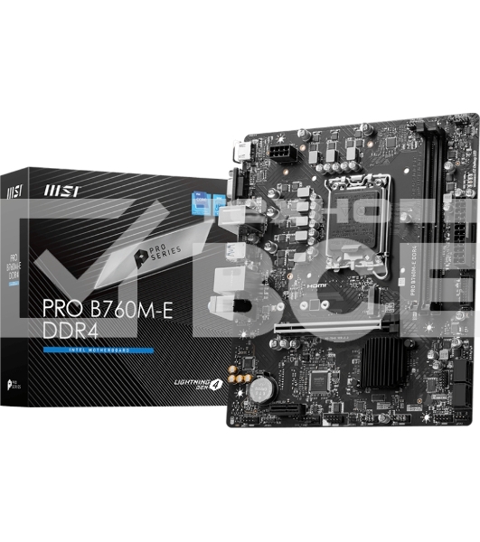 Материнская плата MSI PRO B760M-E DDR4, LGA 1700, Intel B760, 2xDDR4, 4xSATA, 1xM.2, 1xPCIe 4.0 x16, 1xPCIe 4.0 x1, 1xHDMI, 1xVGA, 1x1Gb LAN, 2xUSB-A 3.2 Gen 1, 4xUSB-A 2.0, 3x3.5 мм, 7.1, mATX