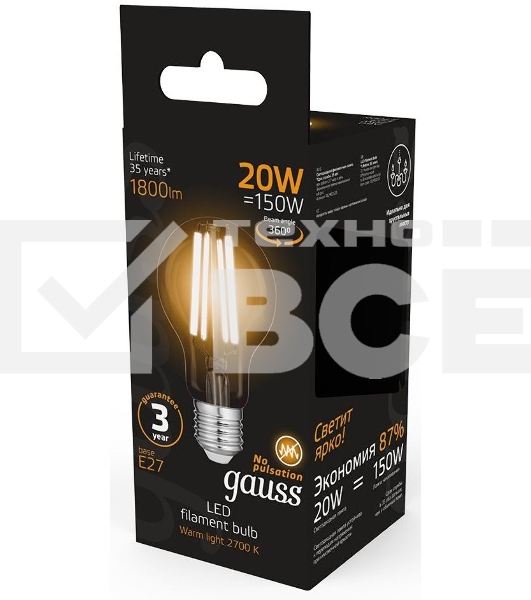 Лампа Gauss Filament А60 20W 1800lm 2700К Е27 LED 1/10/40