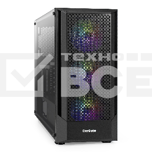 Корпус Miditower ExeGate EVO-8227 (ATX, без БП, 2*USB+1*USB3.0+HD Audio, черный, 3 вент. с RGB подсветкой, боковая панель - закаленное стекло)