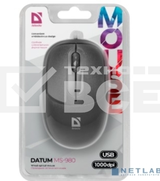 Мышь проводная Defender Datum MS-980 черный, 1000 dpi, USB, кнопки - 3