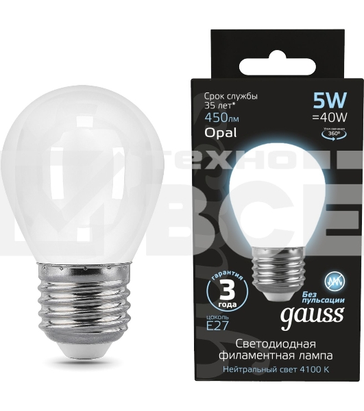Лампа светодиодная Filament Шар E27 5Вт 4100К OPAL GAUSS 105202205
