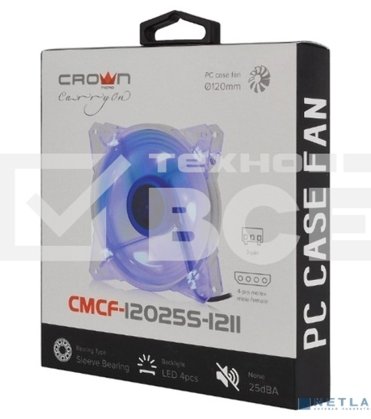 Вентилятор для корпуса Crown CMCF-12025S-1211 прозрачный/синий, 120 мм, 1650 об/мин, 28 дБ, 3 pin