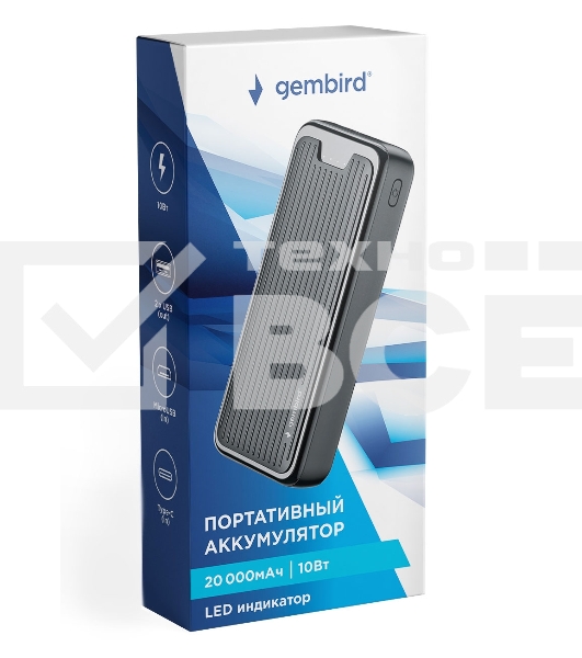 Портативный аккумулятор Gembird GPB-20, 20000мА·ч, 2A, черный