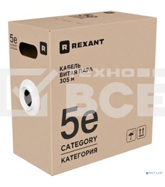 Кабель витая пара Rexant U/UTP, cat.5e, ZH нг(А)-HF, 4x2x0,52 мм, 24AWG, INDOOR, SOLID, серый, 305м