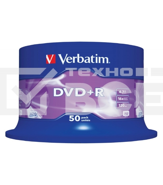 Диск DVD+R Verbatim 4.7Gb 16x Cake Box (50шт) (43550)