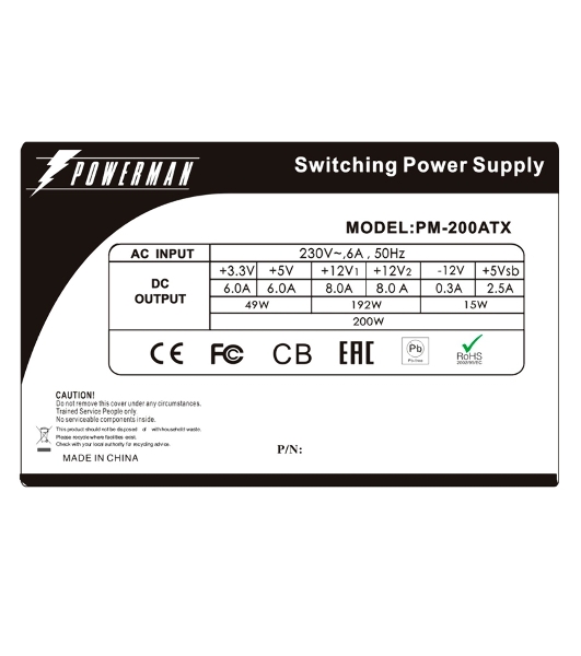Блок питания POWERMAN 200W (PM-200ATX) for EQ series, ITX, no PFC, 4cm Fan <6117453> OEM
