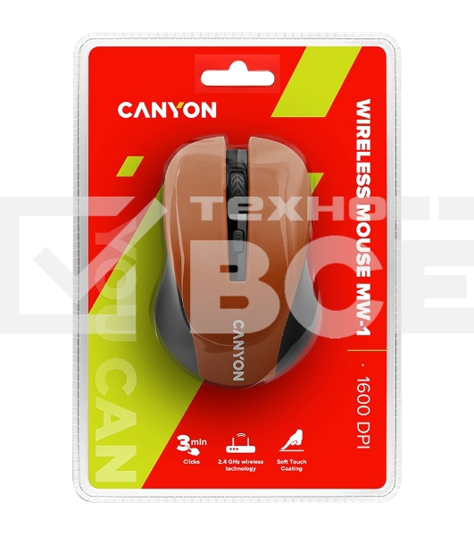 Мышь беспроводная Canyon MW-1 оранжевый, 1200 dpi, радиоканал, USB, кнопки - 4
