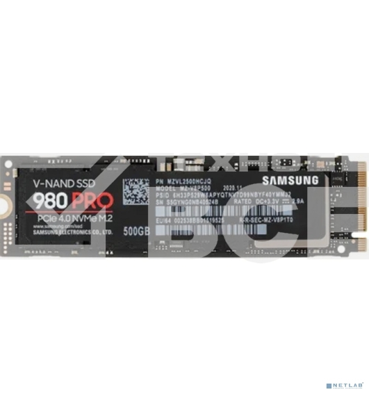 Накопитель SSD Samsung 980 PRO, 500GB, PCIe 4.0 x4, M.2 2280, NVMe, R/W 6900/5000