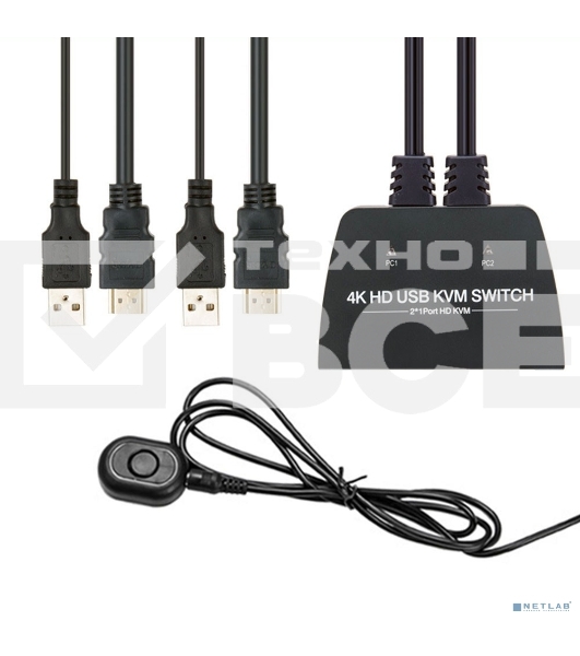 ORIENT HS21HC, HDMI KVM переключатель на 2 устройства, порты HDMI + 2xUSB (клавиатура+мышь) + 2xUSB 2.0, поддержка 4K@60Hz, встроенные кабели 2xHDMI+2xUSB2.0 1.2 метра, (33330)