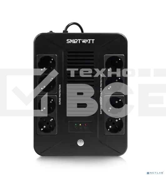 Источник бесперебойного питания SMARTWATT UPS SAFE PRO 1000 черный 1000/600 ВА/Вт, линейно-интерактивный, напольный/настенный, LED индикация, Shuko CEE7/4 - 8 шт. (4 шт. с резервным питанием, 4 шт. - сетевой фильтр)