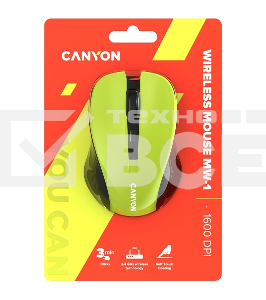Мышь беспроводная Canyon MW-1 желтый, 1200 dpi, радиоканал, USB, кнопки - 4