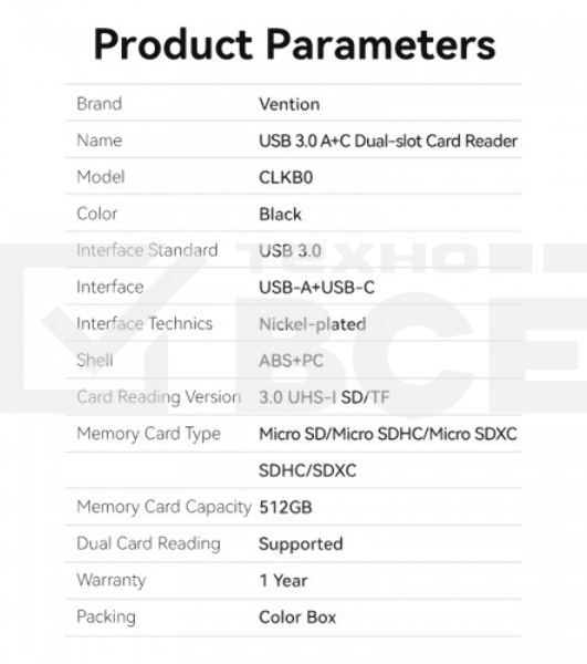 Картридер Vention USB 3.0 A+C (SD+TF) Черный