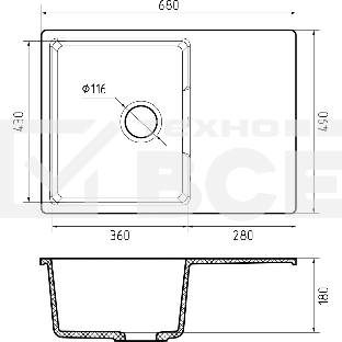 Мойка URBAN 668L gray 1-чаша+крыло 680*490мм, монтаж: врезной, материал: кварц, цвет: серый