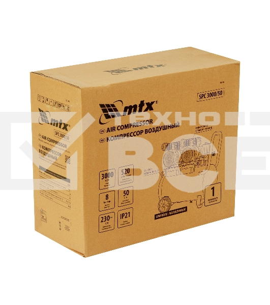 Компрессор безмасляный малошумный SPC 3000/50, 3000 Вт, ресивер 50 л, 520 л/мин MTX