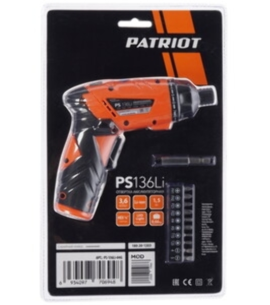 Отвертка аккумуляторная PATRIOT PS 136Li Li-Ion, 3.6 В/1,5 Ач, Реверс, 200 об/мин, 3,5 Нм, патрон: НЕХ 1/4'