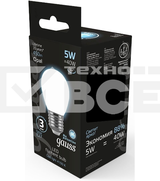 Лампа светодиодная Filament Шар E27 5Вт 4100К OPAL GAUSS 105202205