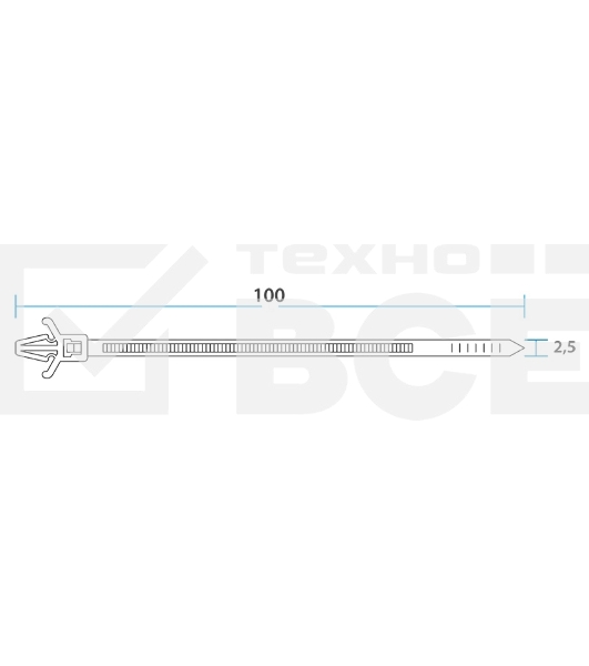 Хомут-стяжкa нейлоновая с крепежным пистоном Rexant 100x2,5 мм, ø2,4 мм, белая, упаковка 100 шт.