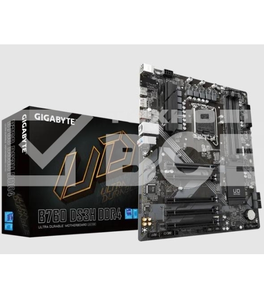 Материнская плата Gigabyte B760 DS3H DDR4, LGA 1700, Intel B760, 4xDDR4, 4xSATA, 2xM.2, 1xPCIe 4.0 x16, 4xPCIe 3.0 x1, 1xHDMI, 1xDP, 1x 1Gb LAN, 1xUSB 3.2 Gen 2, 1xUSB 3.2 Gen 2x2, 4xUSB 2.0, 3x3.5 мм, 7.1, ATX