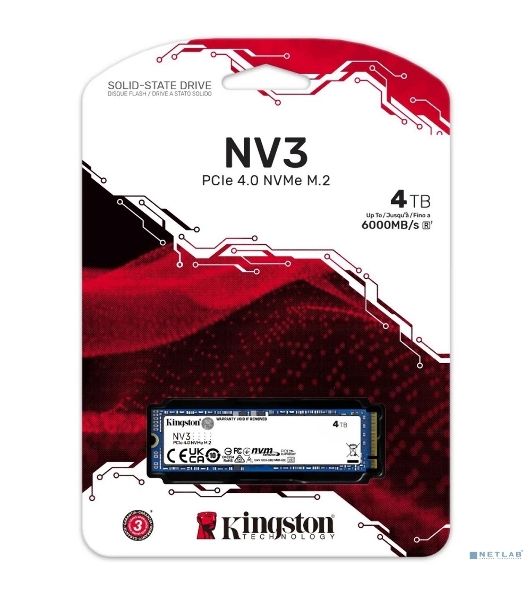 Накопитель SSD Kingston NV3, 4000Gb, M.2 2280, PCIe 4.0 x4, NVMe, R/W 6000/5000