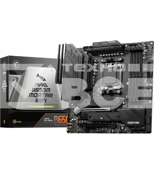 Материнская плата MSI MAG B650M MORTAR WIFI, AM5, AMD B650, 4xDDR5, 6xSATA, 2xM.2, 1xPCI-E 4.0 x16, 1xPCI-E 4.0 x4, 1xHDMI, 1xDP, 1x2.5Gb LAN, 3xUSB 3.2 Gen 2, 4xUSB 3.2 Gen 1, 1xUSB-C 3.2 Gen 2x2, 5x3.5мм аудио, 7.1, Micro-ATX