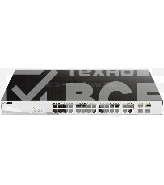 Коммутатор D-Link DGS-1210-28MP/FL1A, L2 Managed Switch with 24 10/100/1000Base-T ports and 4 100/1000Base-T/SFP combo-ports (24 PoE ports 802.3af/802.3at (30 W), PoE Budget 370 W).8K Mac address, 802.3x Flow C