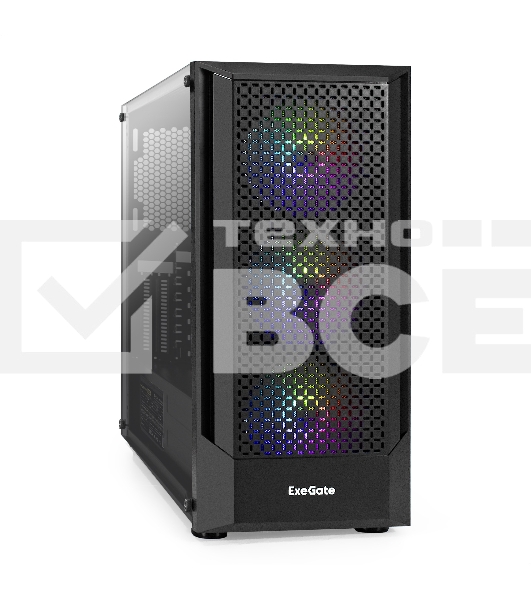 Корпус Miditower ExeGate EVO-8227-NPX500 (ATX, БП 500NPX с вент. 12см, 2*USB+1*USB3.0+HD Audio, черный, 3 вент. RGB, закаленное стекло)