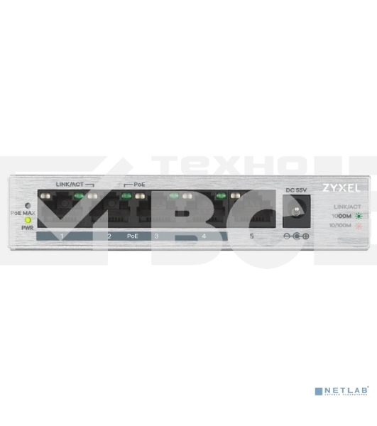 Коммутатор Zyxel GS1005HP Switch PoE +, 5xGE (4xPoE +), desktop, metal, silent, PoE budget 60 W