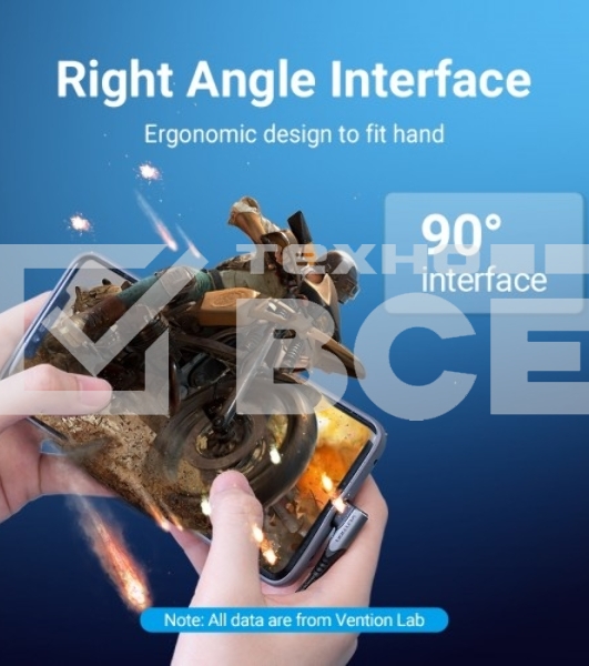 Кабель Vention USB 2.0 CM/CM угловой - 1м. Серый 5А PD100W