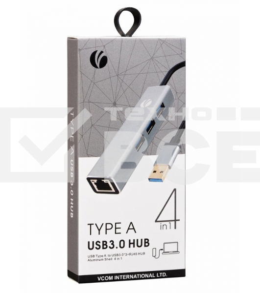 Переходник VCOM USB 3.0 -->RJ-45 1000Mbps+3 USB3.0, Aluminum Shell, 0.2м <DH312A>