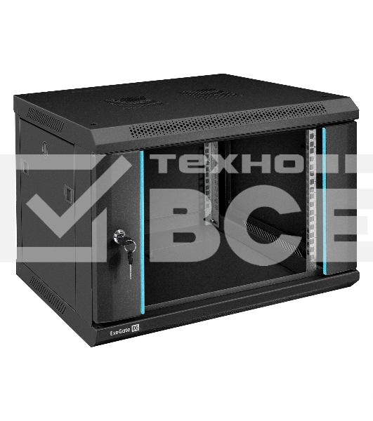 Шкаф телекоммуникационный 19' настенный 6U ExeGate EC-WM-6U.450.G.BLACK (19', 6U, 600x450x370 мм (ШхГхВ), передняя дверь закаленное стекло, съемные боковые панели, пыле- и влагозащита IP23, черный RAL 9004)