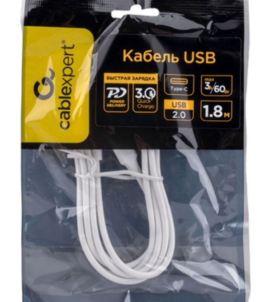 Кабель USB2.0 Cablexpert CC-USB2-AMCM-66W-1.8M-W, AM/Type-C, 6A, 66Вт, QC3.0, 1.8м, медь, белый, пакет