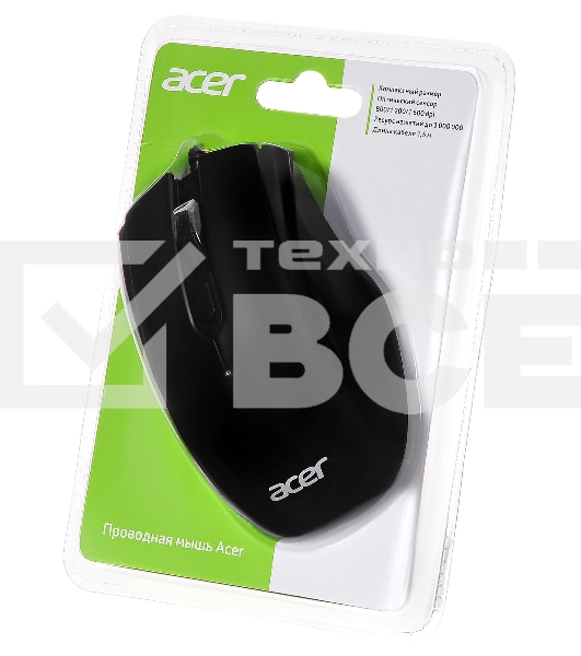 Мышь проводная Acer OMW020 черный, 1600 dpi, USB, кнопки - 4