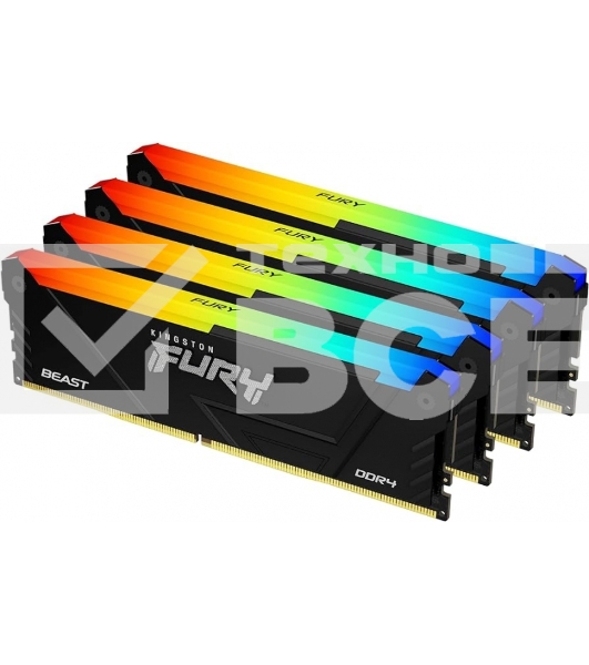 Оперативная память Kingston Fury Beast, DDR4, 128GB (4x32GB), 3600MHz, CL18, DIMM, RGB, радиатор, чёрный